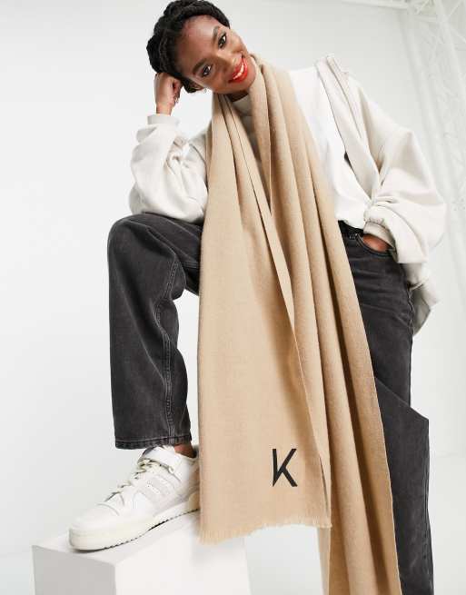 ASOS Design Monogram Scarf with R Initial in Light stone-Neutral