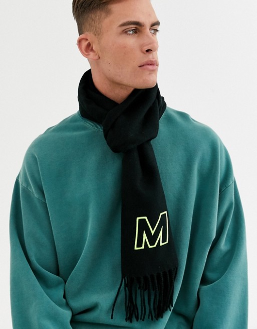 ASOS DESIGN personalised scarf in black with embroidered 'M' inital