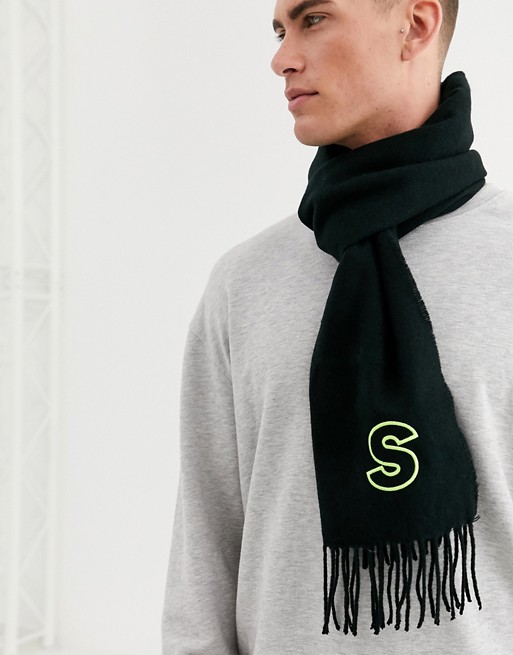 ASOS DESIGN personalised scarf in black with embroidered 'S' inital