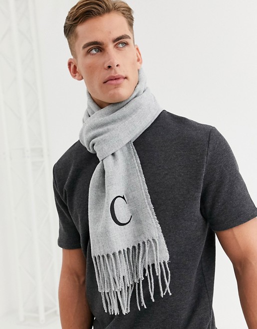 ASOS DESIGN personalised standard woven scarf in grey with embroidered C
