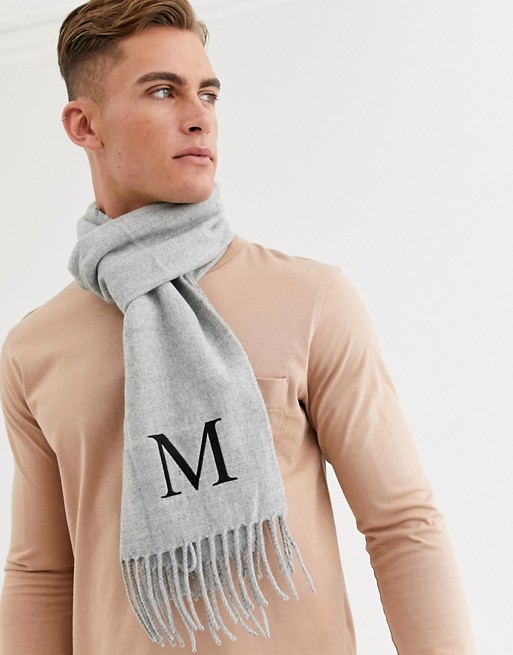 ASOS DESIGN personalised standard woven scarf in grey with embroidered M