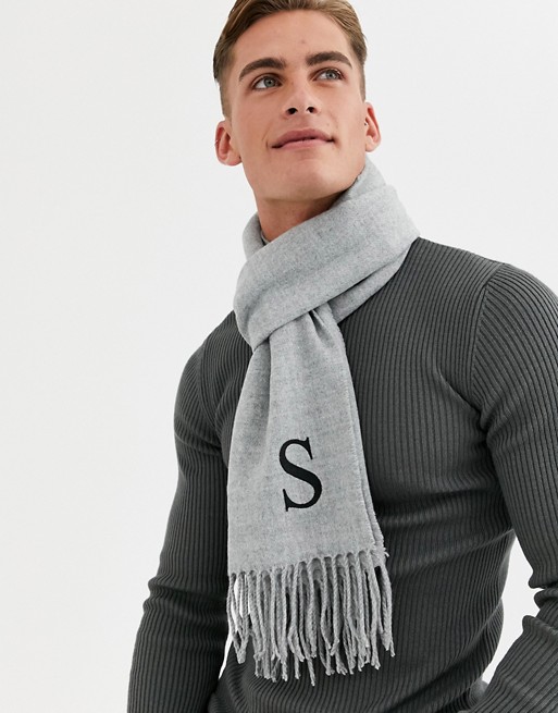 ASOS DESIGN personalised standard woven scarf in grey with embroidered S