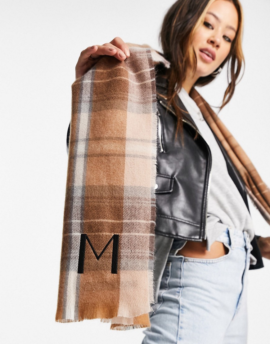 ASOS DESIGN personalized heritage check scarf with M initial in multi