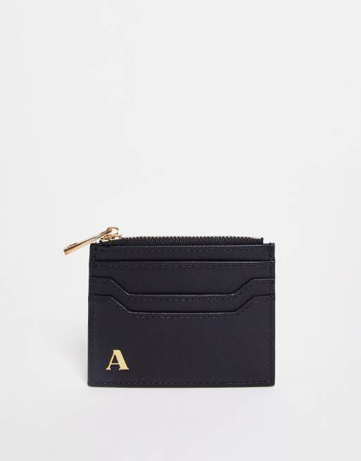 ASOS DESIGN personalized initial A cardholder and wallet in black