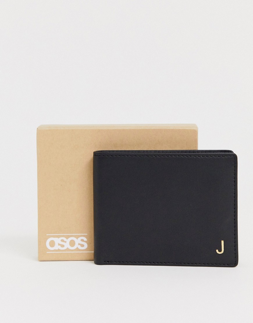 Asos Design Personalized Leather Wallet In Black With 'j' Initial