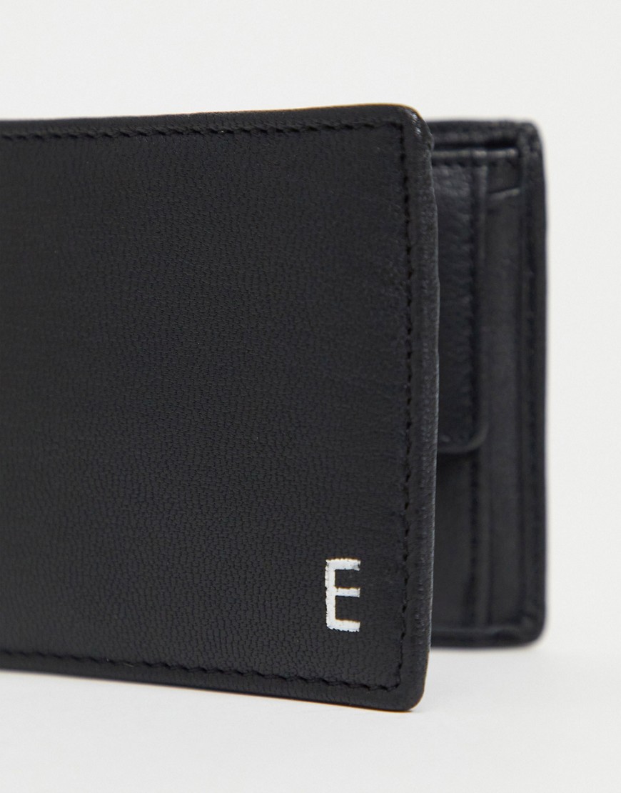 ASOS DESIGN personalized leather wallet in black with silver 'E' initial