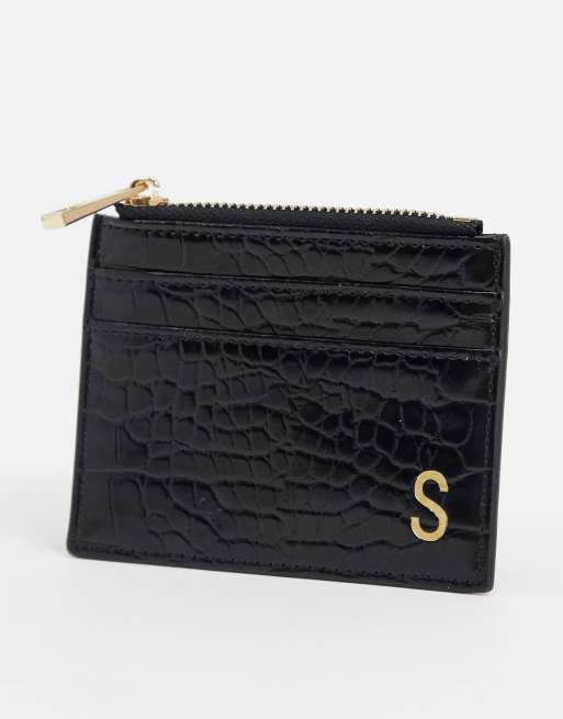 ASOS DESIGN personalized S coin purse cardholder in black croc