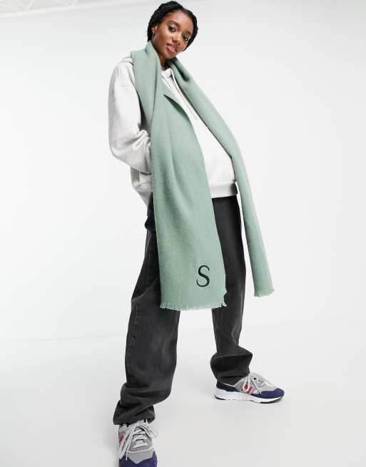 ASOS DESIGN personalized scarf with S initial in sage 