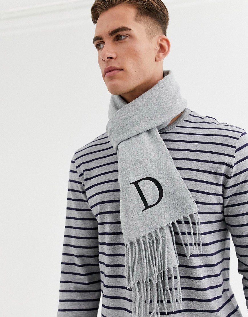 Asos Design Personalized Standard Woven Scarf In Gray With Embroidered D