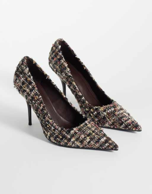 ASOS DESIGN Perth pointed stiletto high heel court shoes in brown boucle, 2 of 4