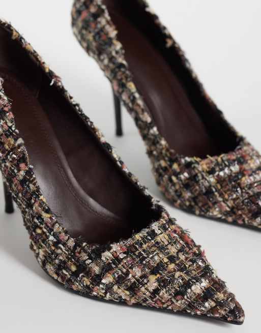 ASOS DESIGN Perth pointed stiletto high heel court shoes in brown boucle, 4 of 4