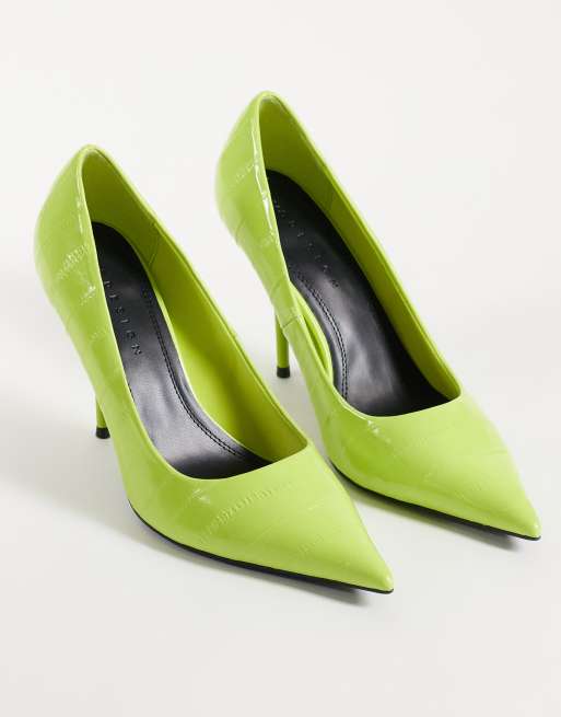ASOS DESIGN Perth pointed stiletto high heel court shoes in lime croc, 2 of 4