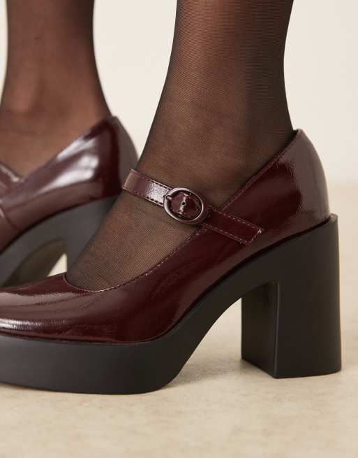ASOS DESIGN Peso platform Mary Jane high heel shoes in burgundy patent, 4 of 4