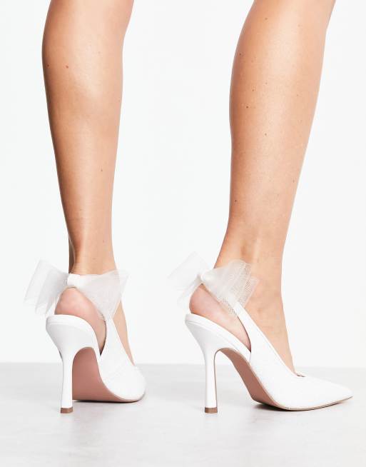 ASOS Design Petal Bow Detail Slingback High Heeled Shoes in Ivory glitter-White