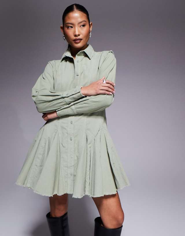 ASOS DESIGN Petie cord shirt dress with nipped in waist and godets in sage