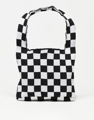 ASOS DESIGN mini knitted tote bag in black and white check - ASOS Price Checker