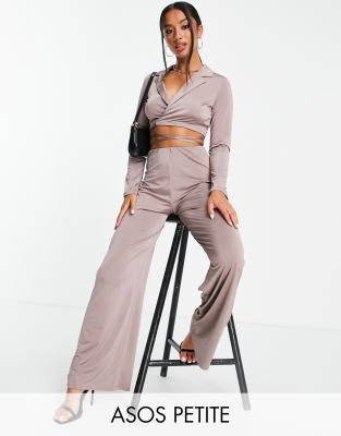 ASOS DESIGN Petite 00s jersey wrap suit satin blazer in mocha - ASOS Price Checker