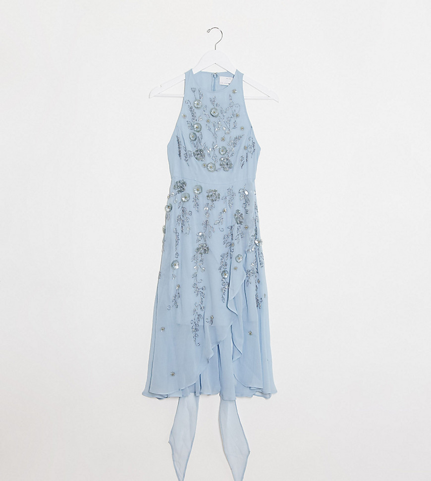 ASOS DESIGN Petite 3D delicate floral embellished midi dress with wrap waist and soft layered skirt in Blue-Blues
