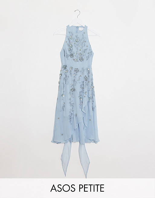 ASOS DESIGN Petite 3D delicate floral embellished midi dress with wrap waist and soft layered skirt in Blue
