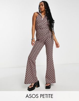 Shop Asos Design Petite 60s Collar Jumpsuit With Belt In Geo Print-multi