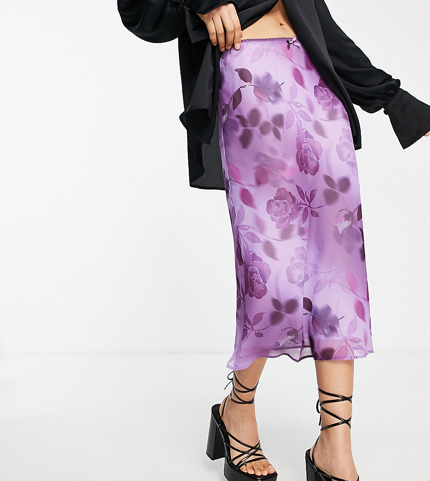 Asos Design Petite 90S Low Rise Midi Slip Skirt In Purple Floral Print-Multi