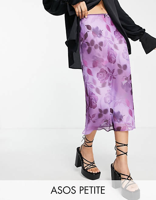 Skirts Petite 90s low rise midi slip skirt in purple floral print 