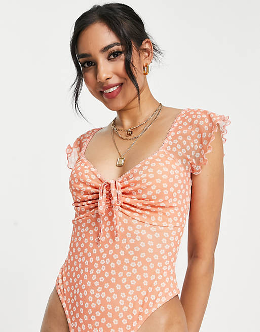 ASOS DESIGN Petite 90s milkmaid mesh bodysuit in peach floral