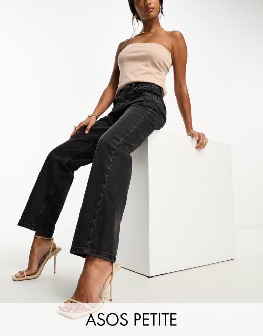 Petite Washed Black Wide Leg Jeans Strap Detail