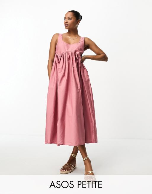 ASOS DESIGN Petite - Aangerimpelde midi zonnejurk met vierkante hals in vaalroze