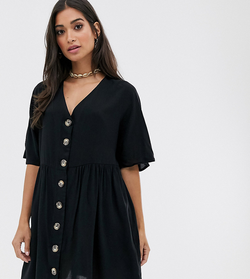 ASOS DESIGN Petite - Aangerimpelde mini-jurk met V-hals en knopen in zwart