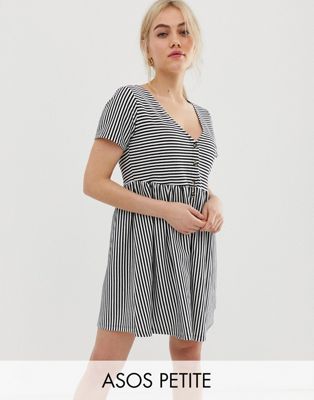 ASOS DESIGN - Petite - Aangerimpelde mini-jurk met V-hals, knopen en strepen-Multi
