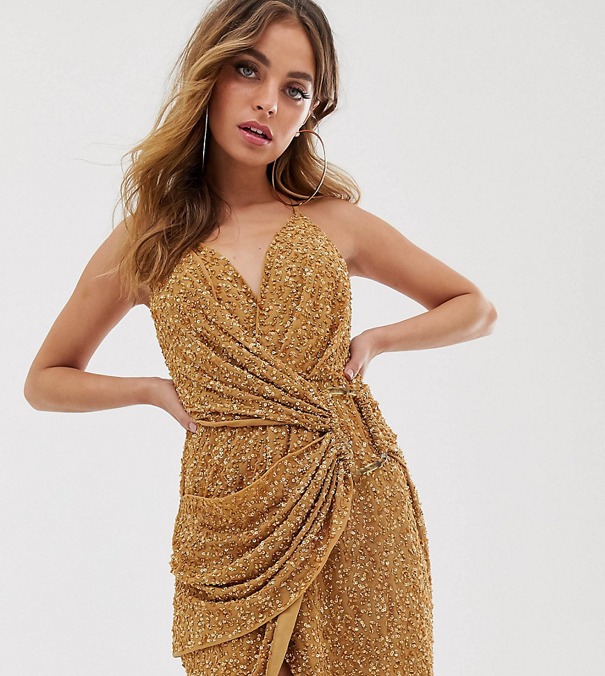 ASOS DESIGN Petite all over sequin drape mini dress with horn buckle-Brown
