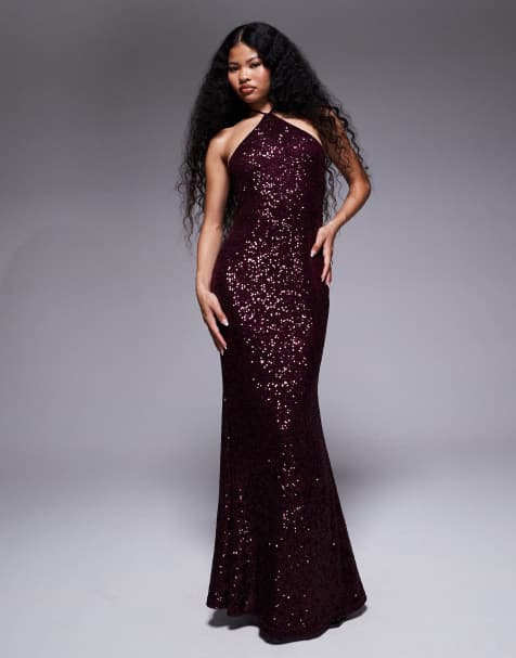 ASOS DESIGN Petite all over sequin halter maxi dress in burgundy - view 1