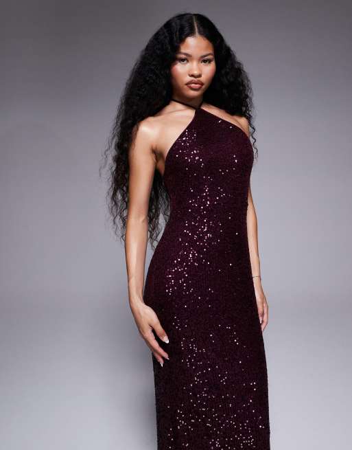 ASOS DESIGN Petite all over sequin halter maxi dress in burgundy