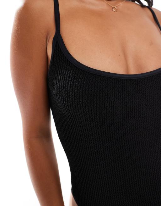 ASOS DESIGN Petite – Amy – Crinkle-Badeanzug in Schwarz mit schmalen Trägern, 2 von 4