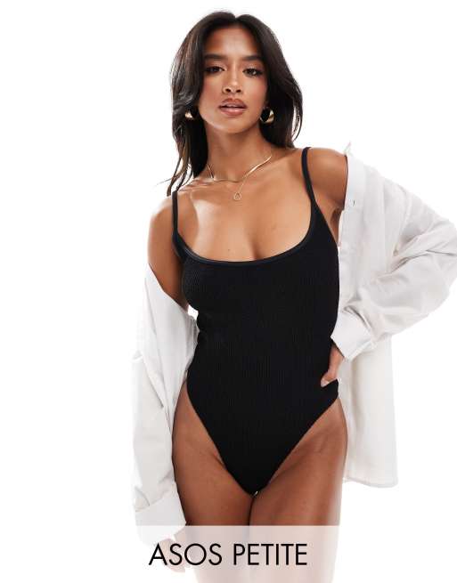 ASOS DESIGN Petite - Amy - Maillot 1 pièce effet froissé à fines bretelles - Noir