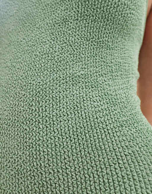 ASOS DESIGN Petite - Amy - Salviegrøn badedragt med tynde stropper i krølstof, 3 af 4