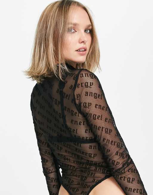 ASOS DESIGN high neck long sleeve mesh bodysuit with lace flocking in black