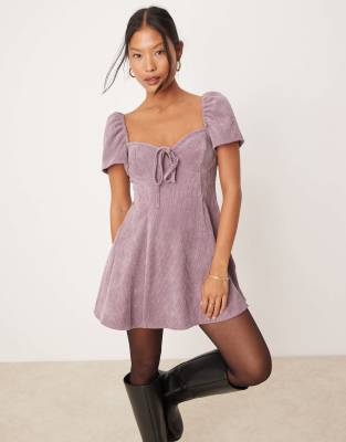 ASOS DESIGN Petite angel sleeve cord tee dress in mauve-Neutral