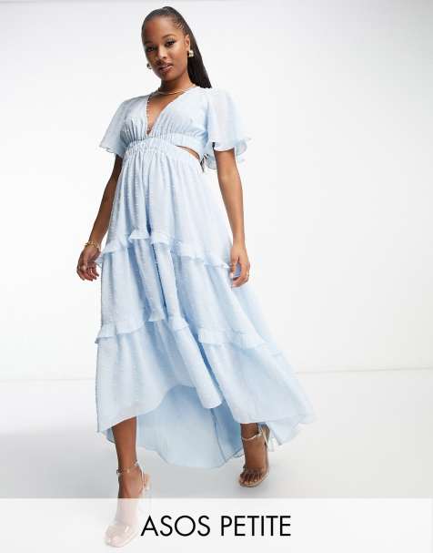 ASOS DESIGN Petite angel sleeve plunge dobby tiered maxi dress with cut out and rouleux detail in baby blue - view 1