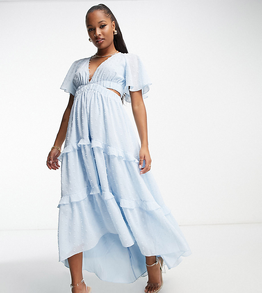 ASOS DESIGN Petite angel sleeve plunge dobby tiered maxi dress with cut out and rouleux detail in baby blue