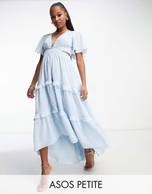 ASOS DESIGN Petite angel sleeve plunge dobby tiered maxi dress with cut out and rouleux detail in baby blue