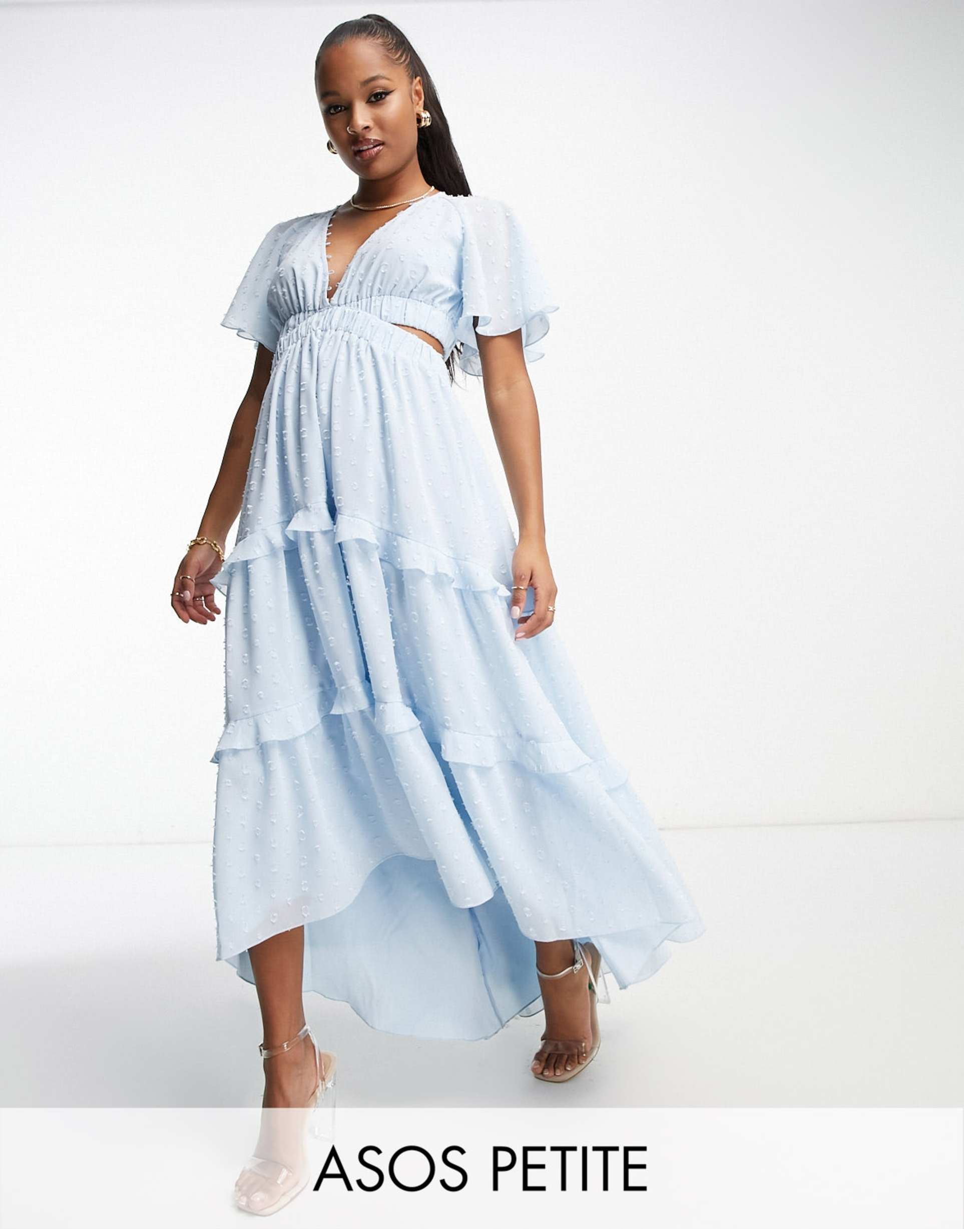 asos design petite angel sleeve plunge textured tiered maxi dress with cut out and rouleaux detail in baby blue