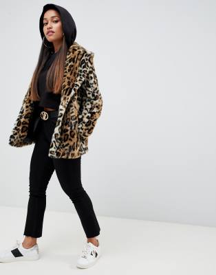 petite leopard print faux fur coat