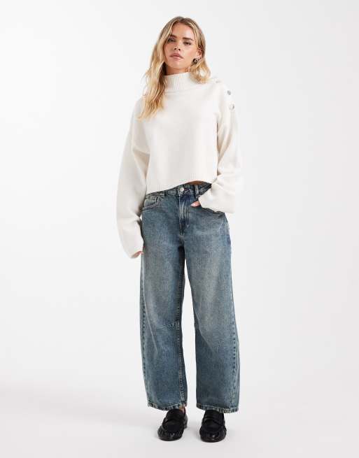 ASOS DESIGN Petite - Ankellange blå jeans i vintage-vask med barrel-ben og spænde bagpå 