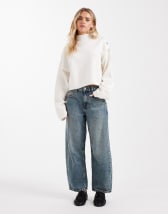 ASOS DESIGN Petite ankle grazer barrel leg jeans with cinched waist in dark vintage wash