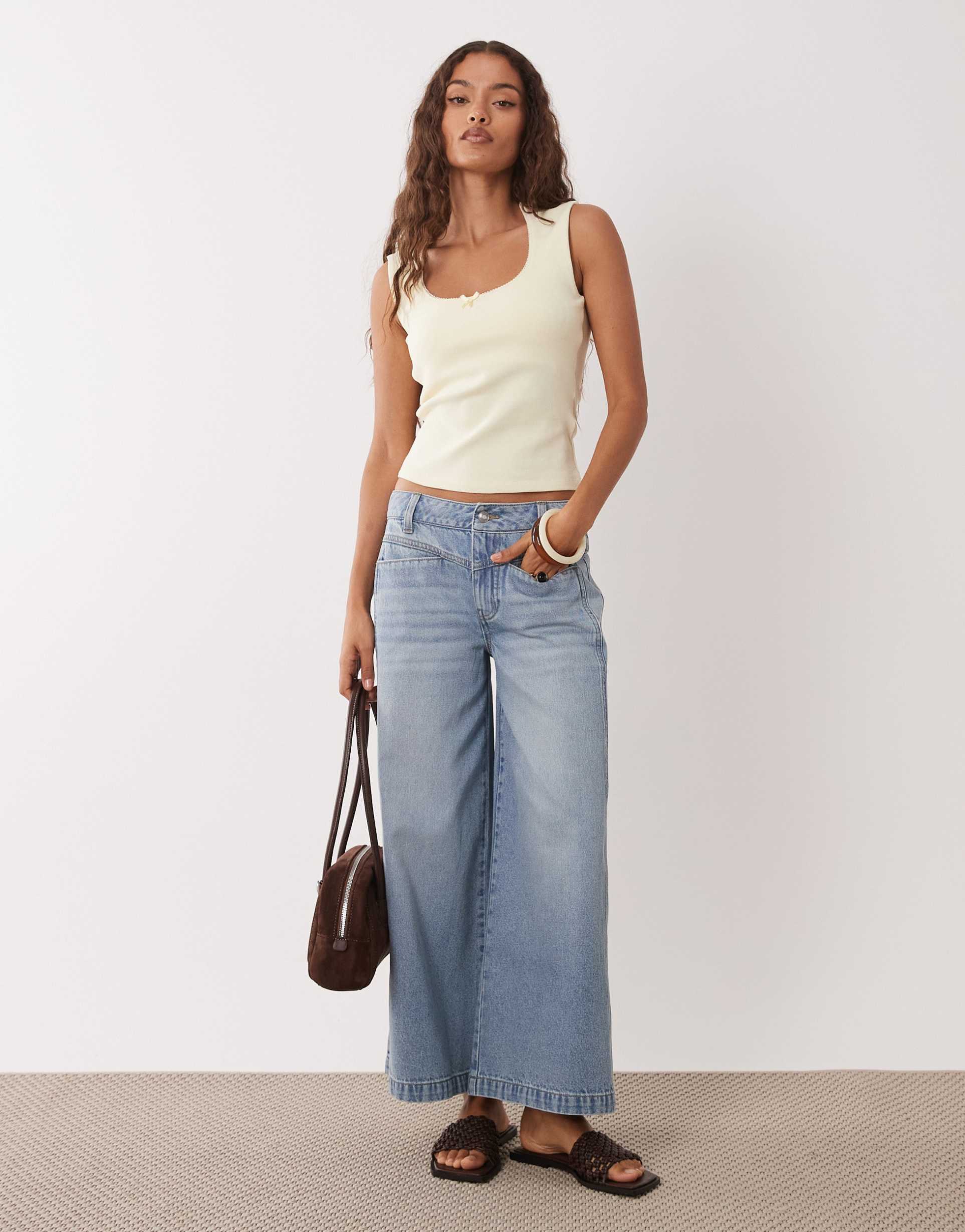 asos design petite ankle grazer wide leg jeans with front pockets in light wash