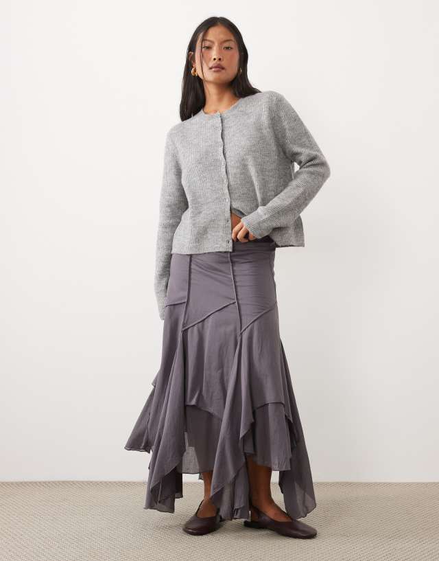 ASOS DESIGN Petite asymmetric and seam detail midi skirt in charcoal