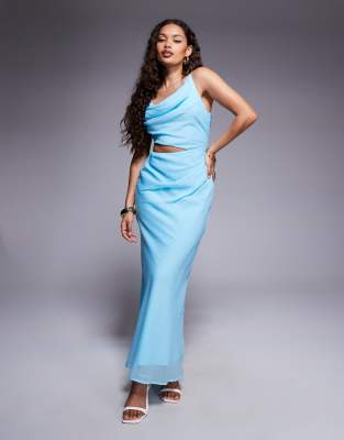 ASOS Petite ASOS DESIGN Petite asymmetric drape faux-ord maxi dress in aqua blue