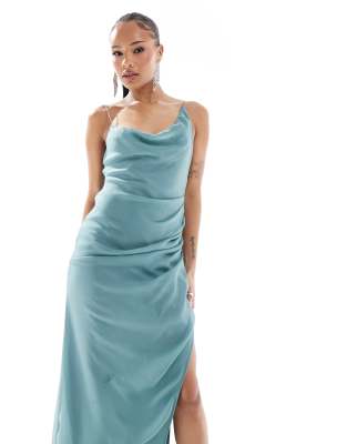 Shop Asos Petite Asos Design Petite Asymmetric Neck Maxi Dress With Draped Skirt And Cutaway Slit In Green